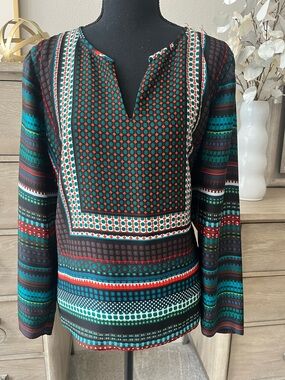Adrianna Papell XL Womens Blouse Silky High Low VNeck Long Sleeve Multicolor